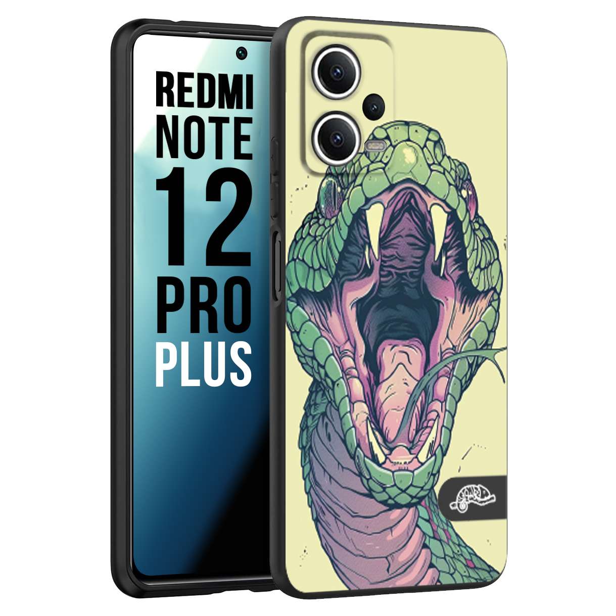 CUSTOMIZZA - Custodia cover nera morbida in tpu compatibile per Xiaomi Redmi Note 12 PRO PLUS snake yellow green serpente tatuaggio tattoo disegnato a mano