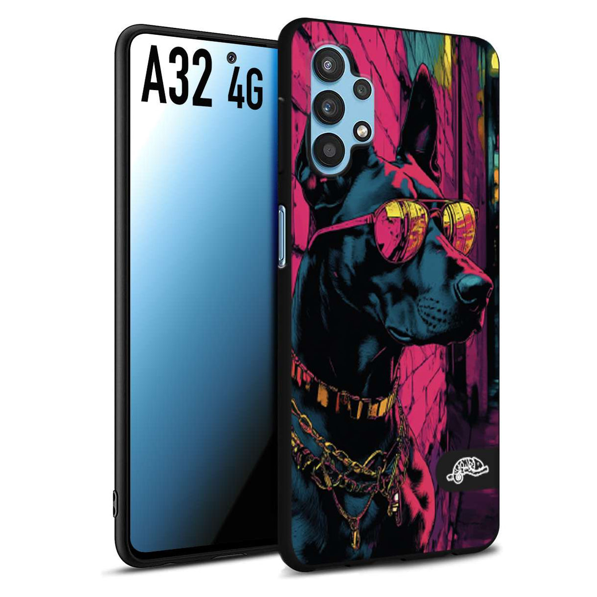 CUSTOMIZZA - Custodia cover nera morbida in tpu compatibile per Samsung A32 4G animali cyberpunk dobermann cane street dog fucsia blu