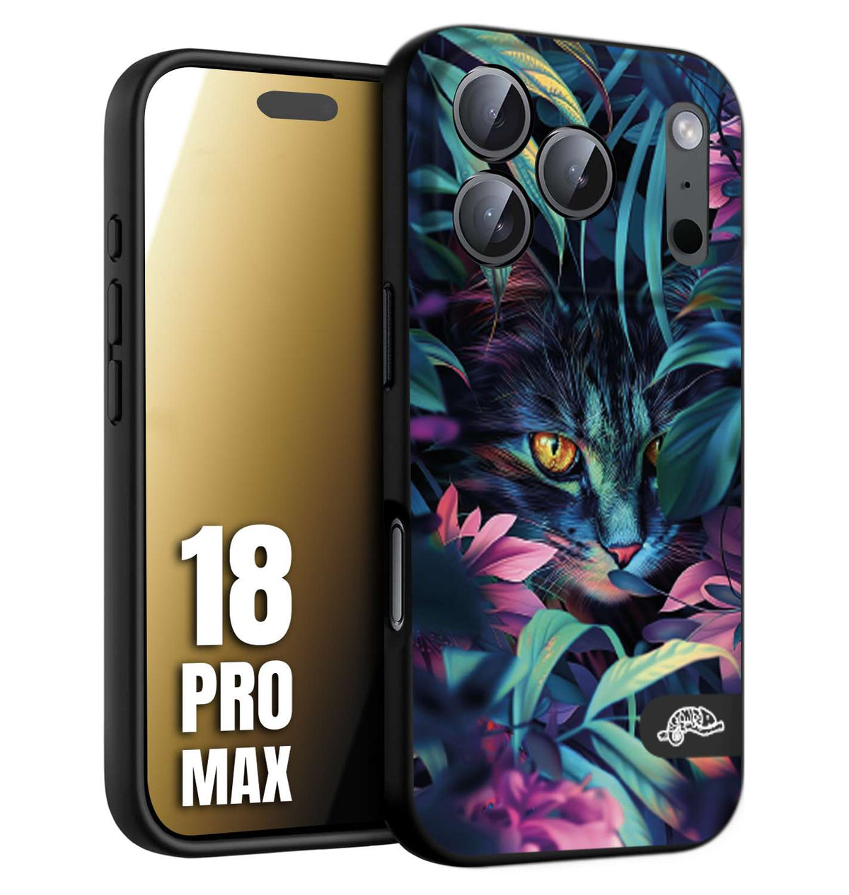 CUSTOMIZZA - Custodia cover nera morbida in tpu compatibile per iPhone 18 PRO MAX animali color giungla tropicale occhio di gatto colori vibranti disegnato