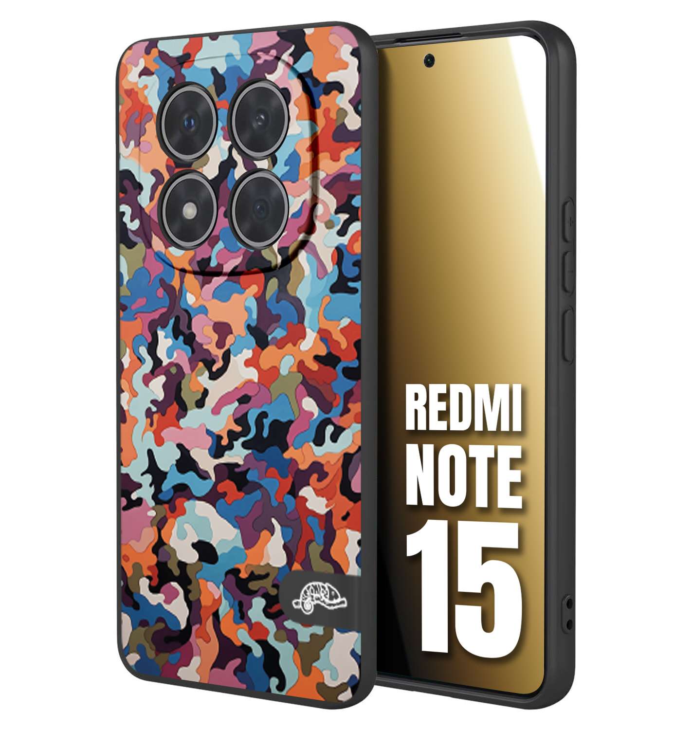 CUSTOMIZZA - Custodia cover nera morbida in tpu compatibile per Xiaomi Redmi Note 15 camouflage mimetico militare moderno blu arancio rosa