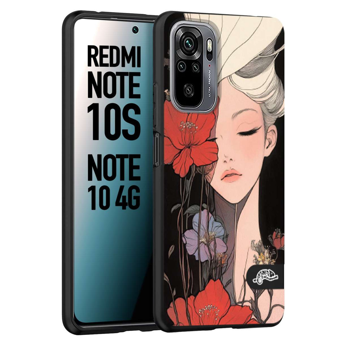 CUSTOMIZZA - Custodia cover nera morbida in tpu compatibile per Xiaomi Redmi Note 10S woman flower Fantasia Floreale Design Donna e Fiori, Retro Artistico