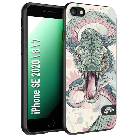 CUSTOMIZZA - Custodia cover nera morbida in tpu compatibile per iPhone 7 - 8 - SE 2020 / 2022 snake pink green serpente tatuaggio tattoo disegnato a mano