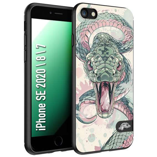 CUSTOMIZZA - Custodia cover nera morbida in tpu compatibile per iPhone 7 - 8 - SE 2020 / 2022 snake pink green serpente tatuaggio tattoo disegnato a mano