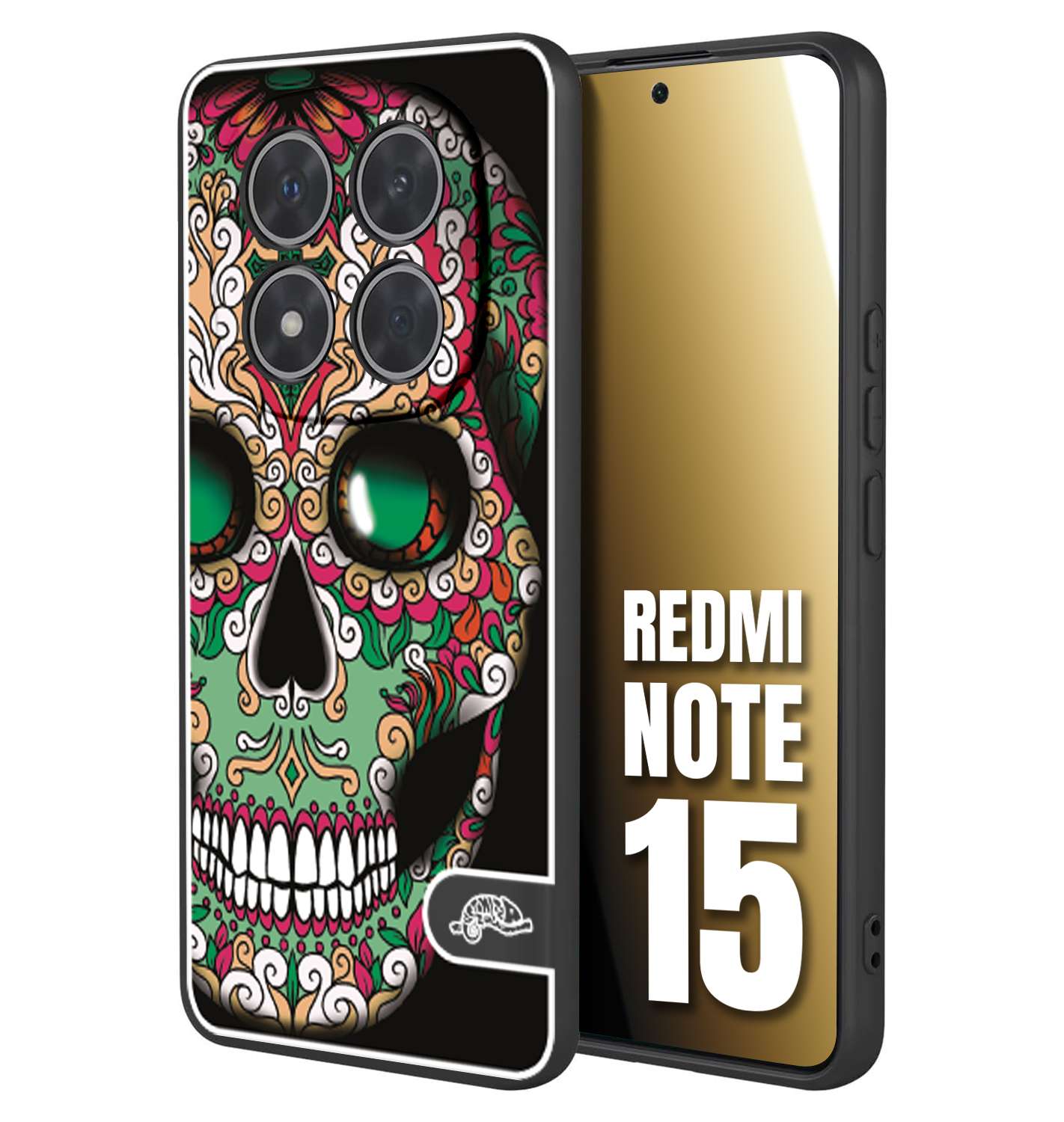 CUSTOMIZZA - Custodia cover nera morbida in tpu compatibile per Xiaomi Redmi Note 15 teschio messicano Mexican skull verde fucsia