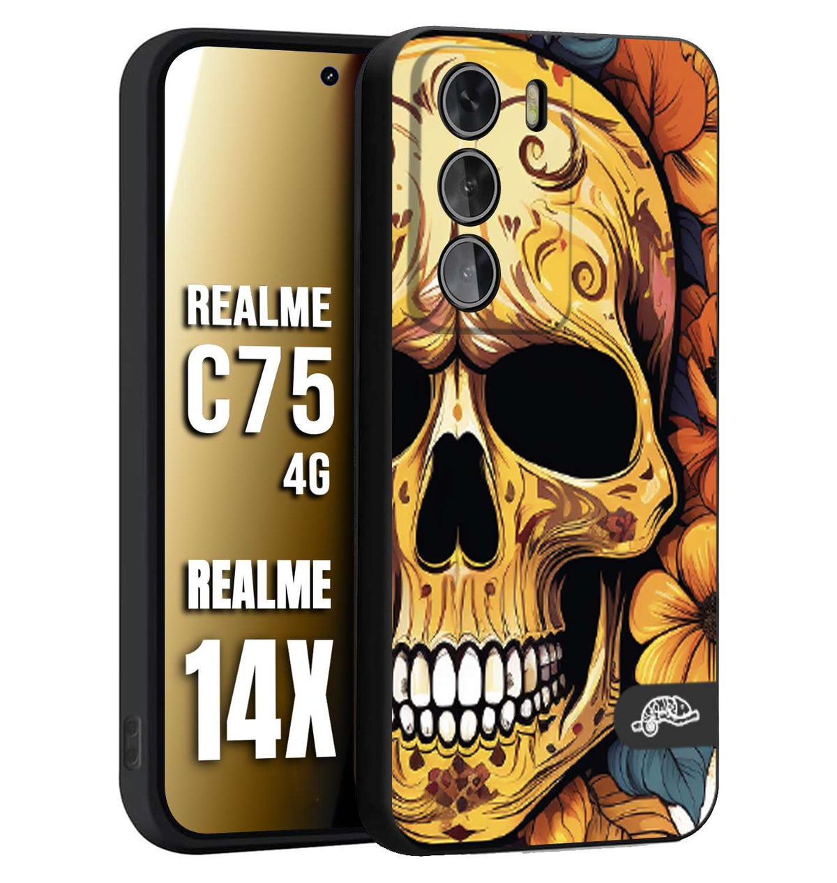 CUSTOMIZZA - Custodia cover nera morbida in tpu compatibile per Realme 14X - C75 4G teschio messicano colorato dorato fiori autunnali disegnato