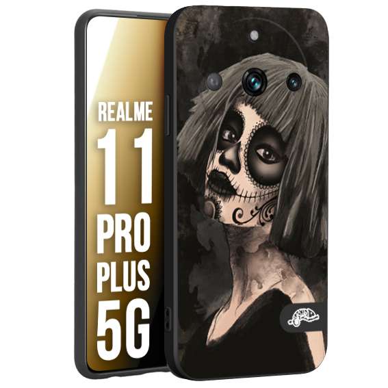 CUSTOMIZZA - Custodia cover nera morbida in tpu compatibile per Oppo Realme 11 PRO PLUS 5G chicana messicana dea de la muerte donna santa tattoo disegnata
