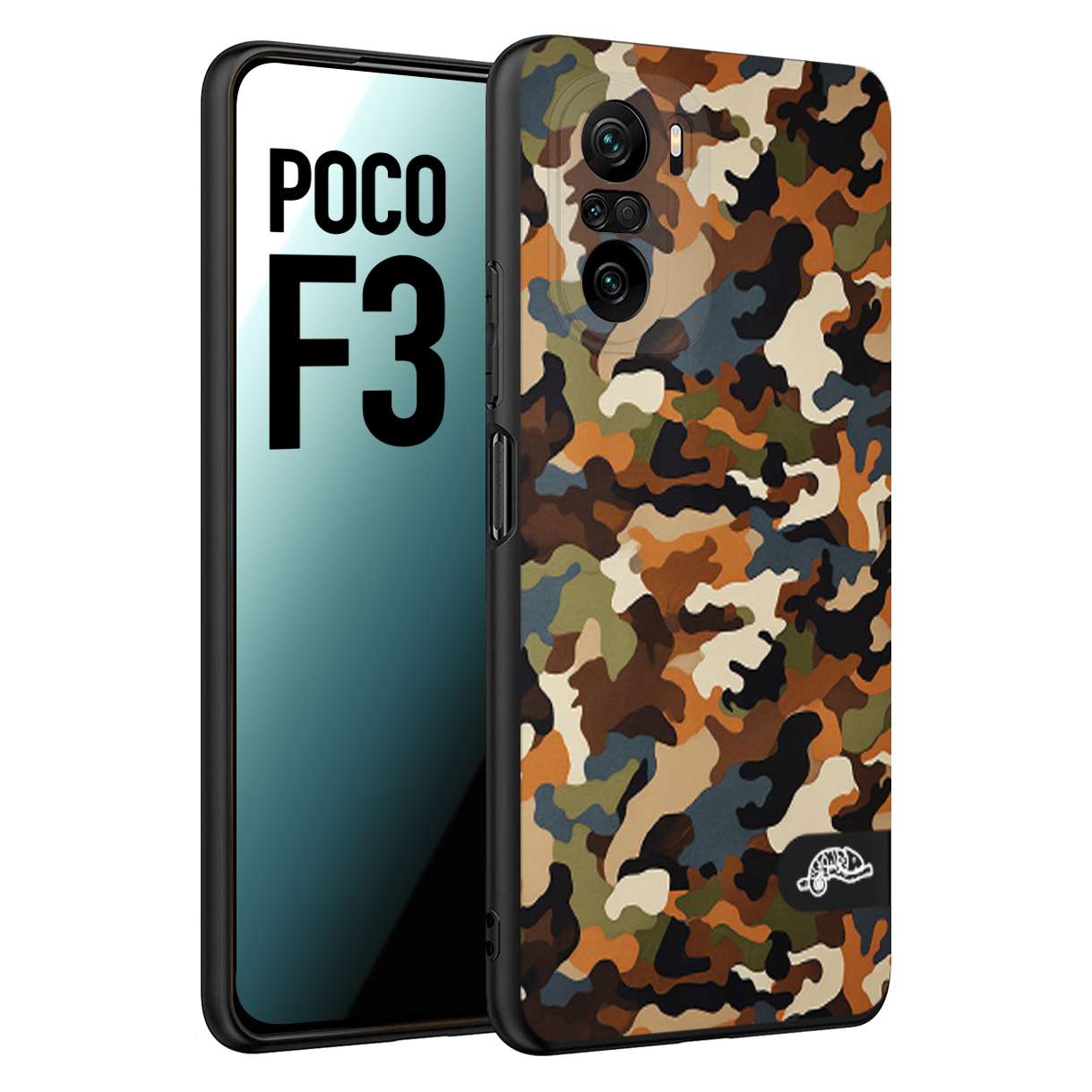 CUSTOMIZZA - Custodia cover nera morbida in tpu compatibile per Xiaomi Poco F3 camouflage mimetico militare moderno blu marrone beige