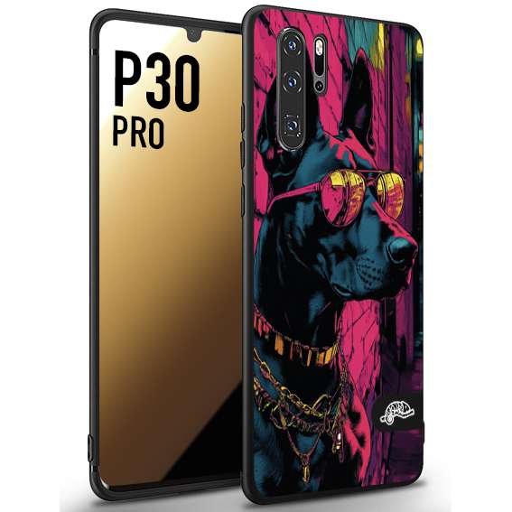 CUSTOMIZZA - Custodia cover nera morbida in tpu compatibile per Huawei P30 PRO animali cyberpunk dobermann cane street dog fucsia blu