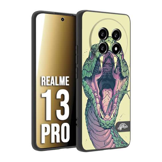 CUSTOMIZZA - Custodia cover nera morbida in tpu compatibile per Realme 13 PRO snake yellow green serpente tatuaggio tattoo disegnato a mano