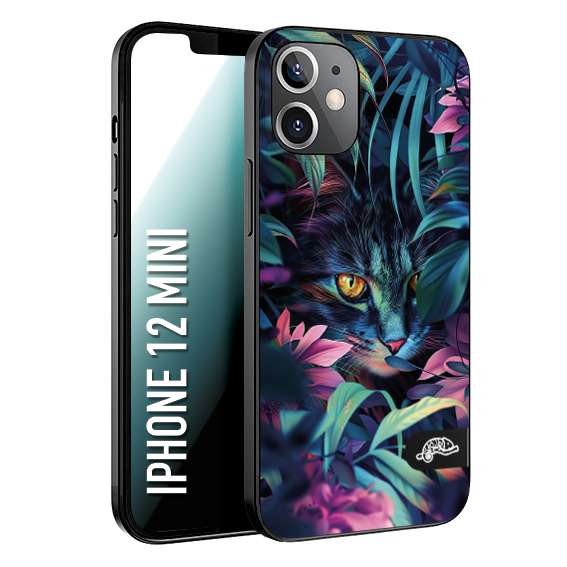 CUSTOMIZZA - Custodia cover nera morbida in tpu compatibile per iPhone 12 MINI animali color giungla tropicale occhio di gatto colori vibranti disegnato