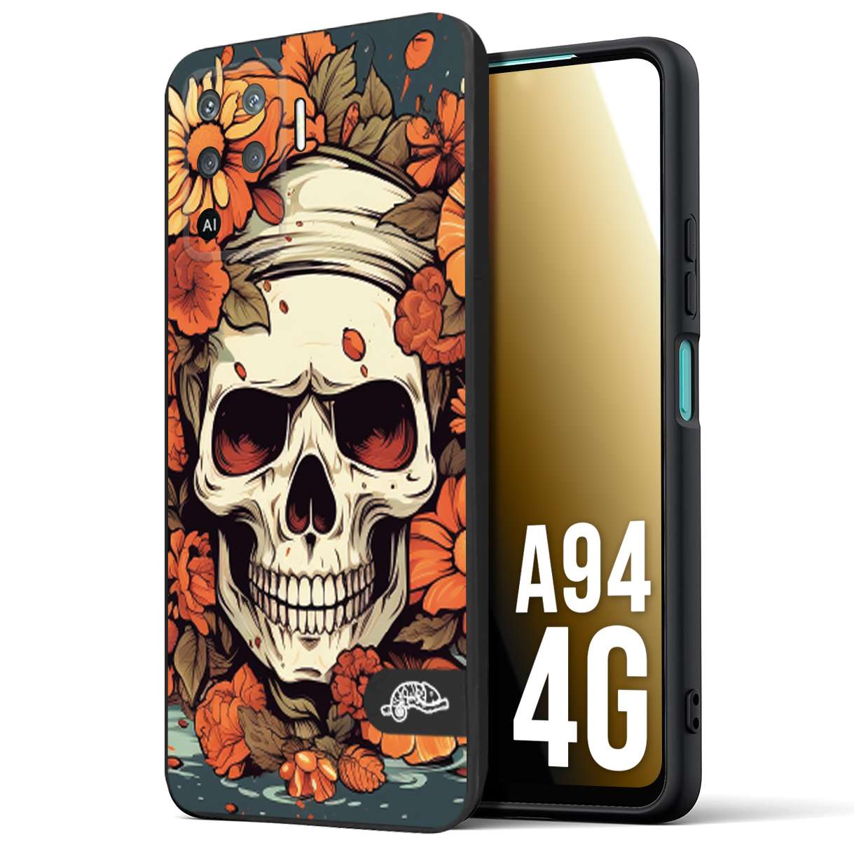 CUSTOMIZZA - Custodia cover nera morbida in tpu compatibile per Oppo A94 4G teschio skull flowers fiori tattoo disegnato alta definizione