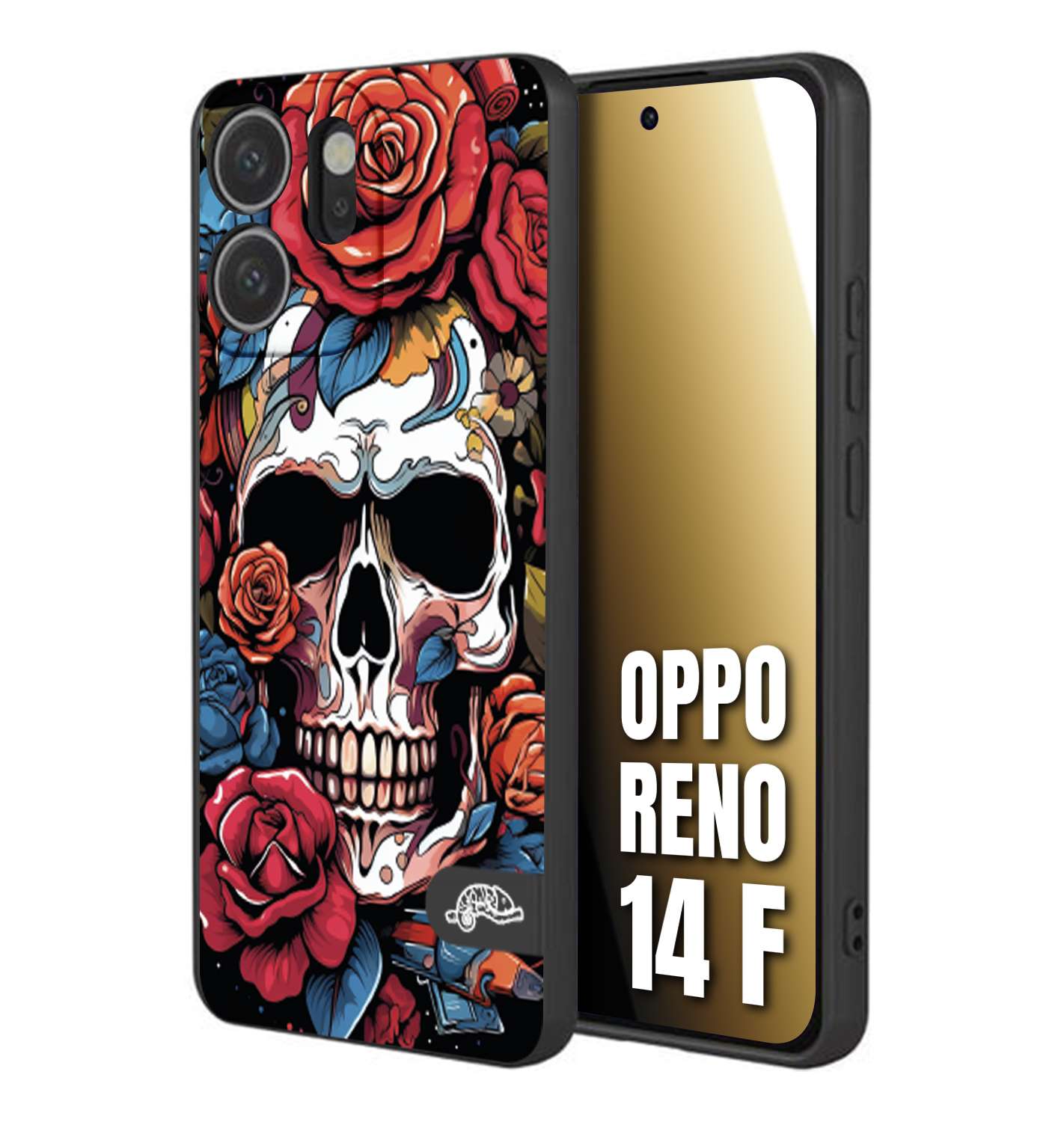 CUSTOMIZZA - Custodia cover nera morbida in tpu compatibile per Oppo Reno 14 F teschio skull flowers fiori rose rosse tattoo disegnato
