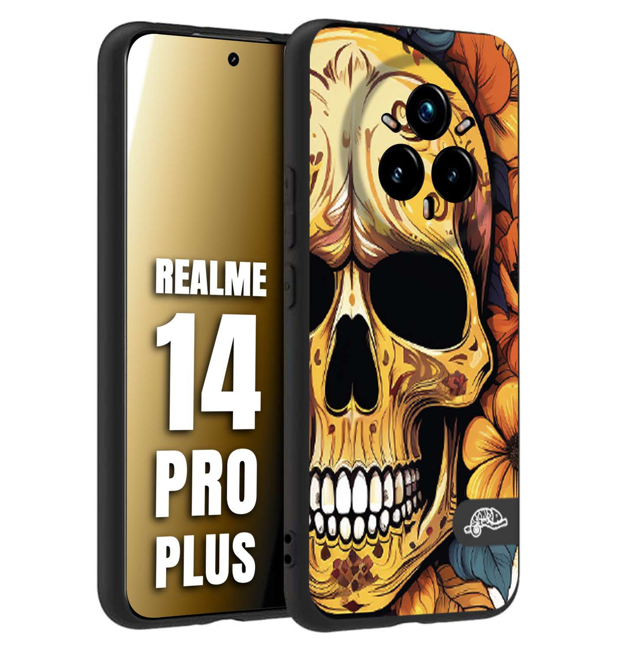 CUSTOMIZZA - Custodia cover nera morbida in tpu compatibile per Realme 14 PRO PLUS teschio messicano colorato dorato fiori autunnali disegnato