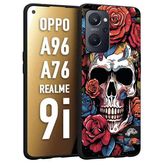 CUSTOMIZZA - Custodia cover nera morbida in tpu compatibile per Realme 9i - A96 - A76 teschio skull flowers fiori rose rosse tattoo disegnato