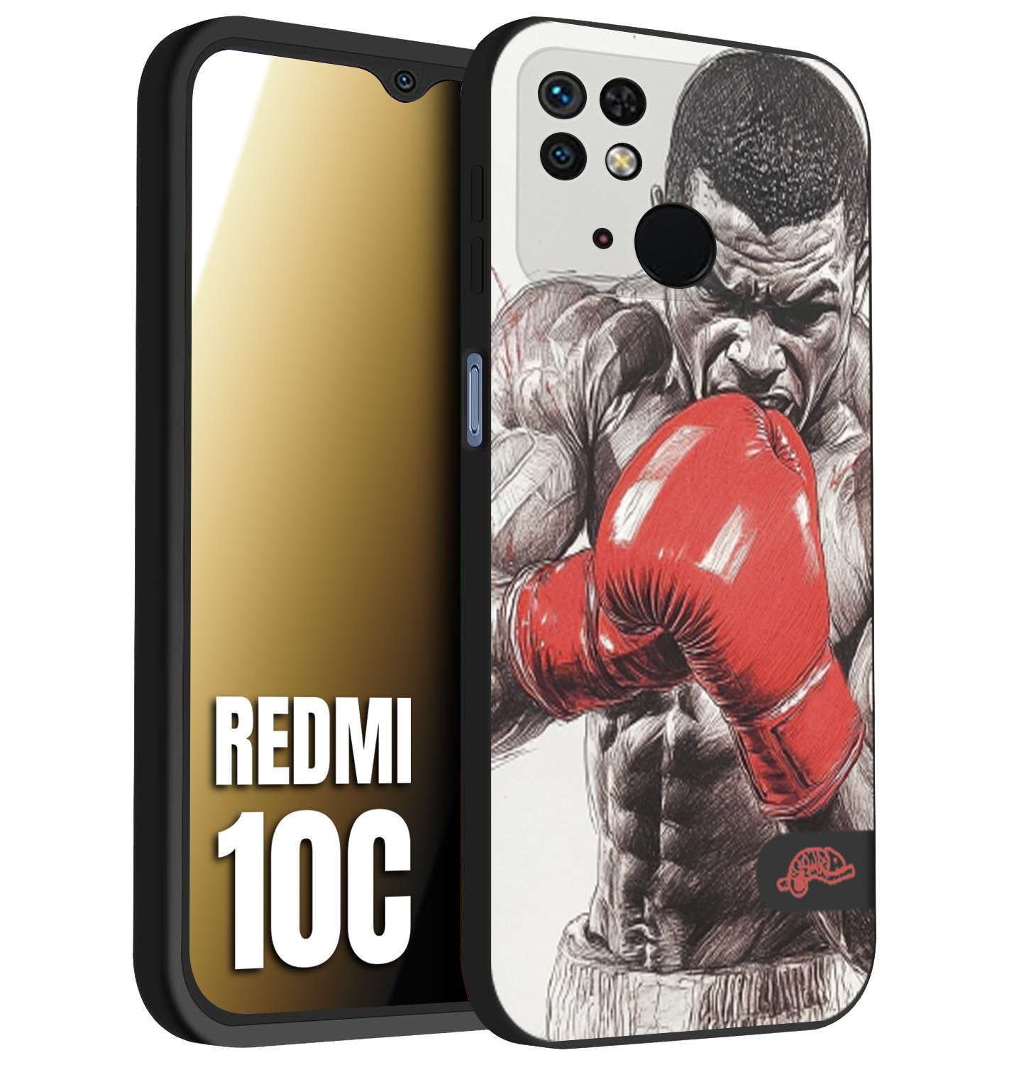 CUSTOMIZZA - Custodia cover nera morbida in tpu compatibile per Xiaomi Redmi 10C pugilato pugili disegno tattoo guantoni box pesi massimi gancio