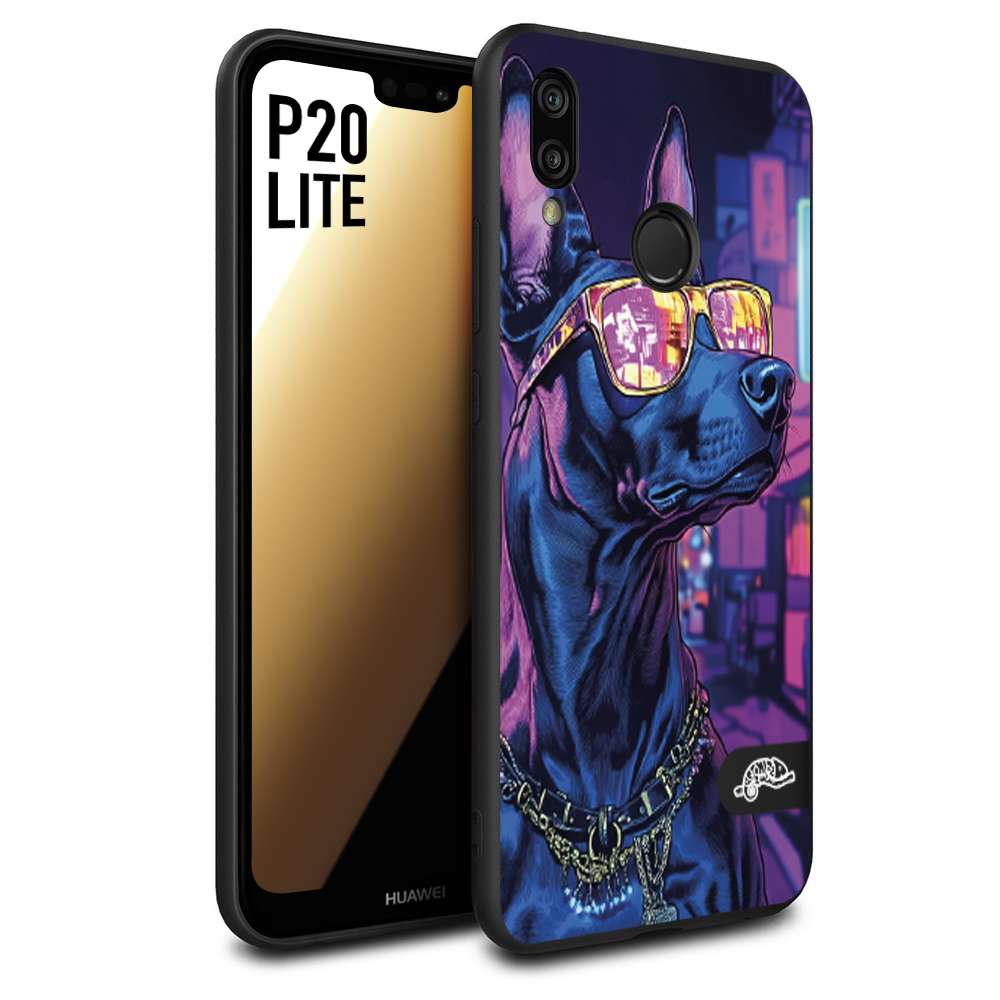 CUSTOMIZZA - Custodia cover nera morbida in tpu compatibile per Huawei P20 LITE animali cyberpunk dobermann cane street dog fucsia blu night