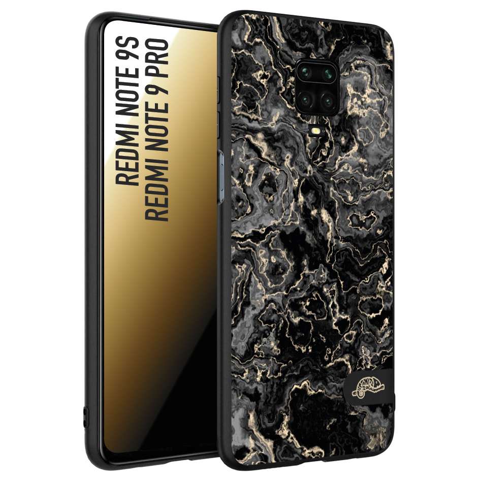 CUSTOMIZZA - Custodia cover nera morbida in tpu compatibile per Xiaomi Redmi Note 9S - Note 9 PRO effetto marmo marble nero black venature dorato pietra