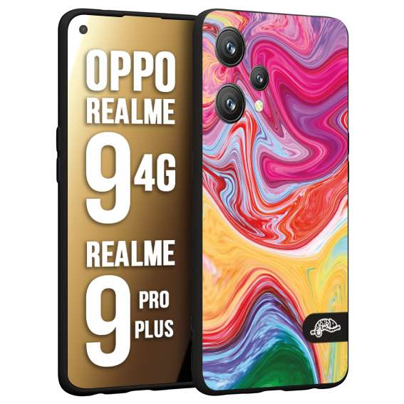 CUSTOMIZZA - Custodia cover nera morbida in tpu compatibile per Oppo Realme 9 4G - 9 PRO PLUS colorata fantasia vortice marmo onde verde fucsia gialla