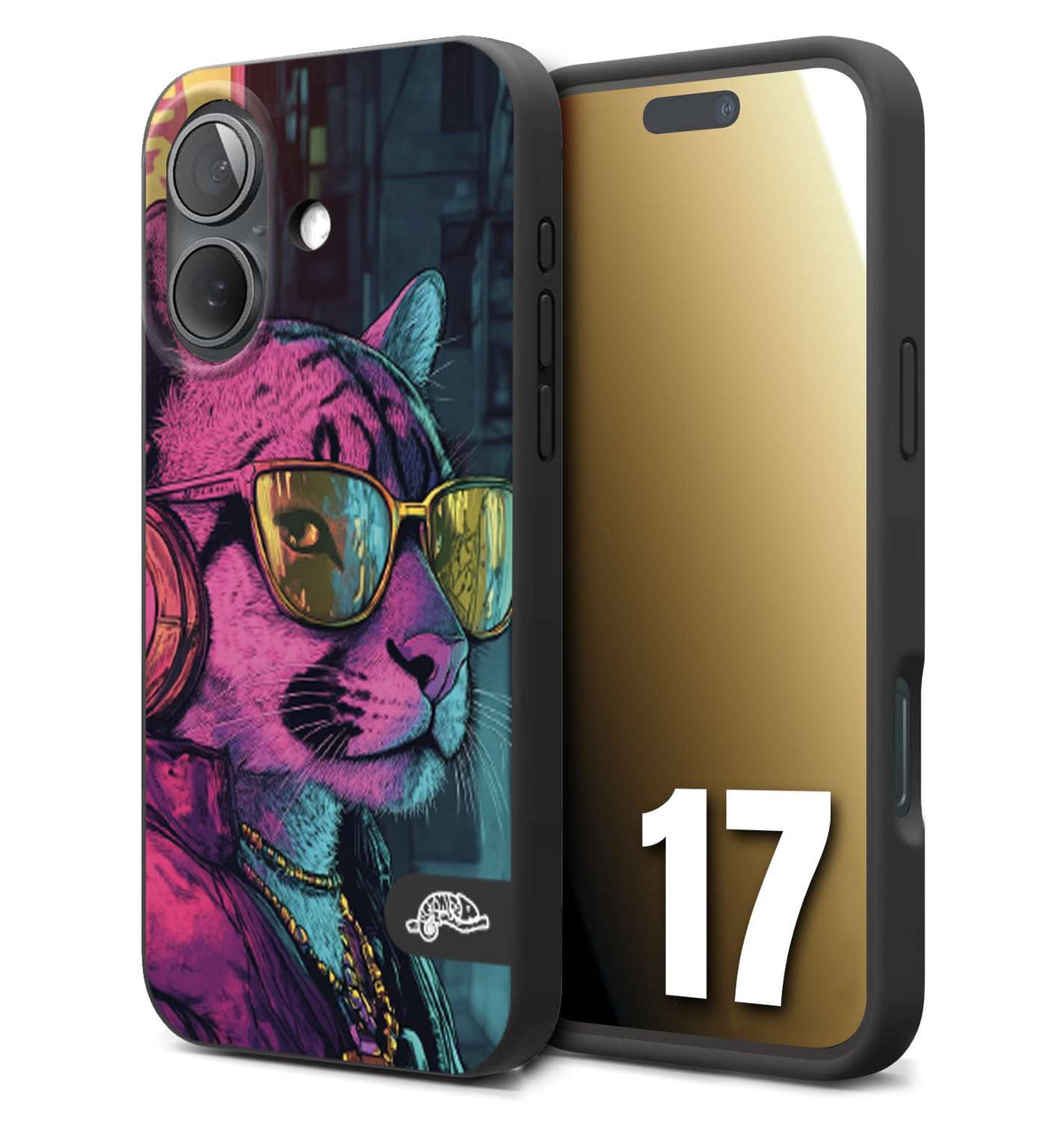 CUSTOMIZZA - Custodia cover nera morbida in tpu compatibile per iPhone 17 animali cyberpunk pantera street cat fucsia blu giallo
