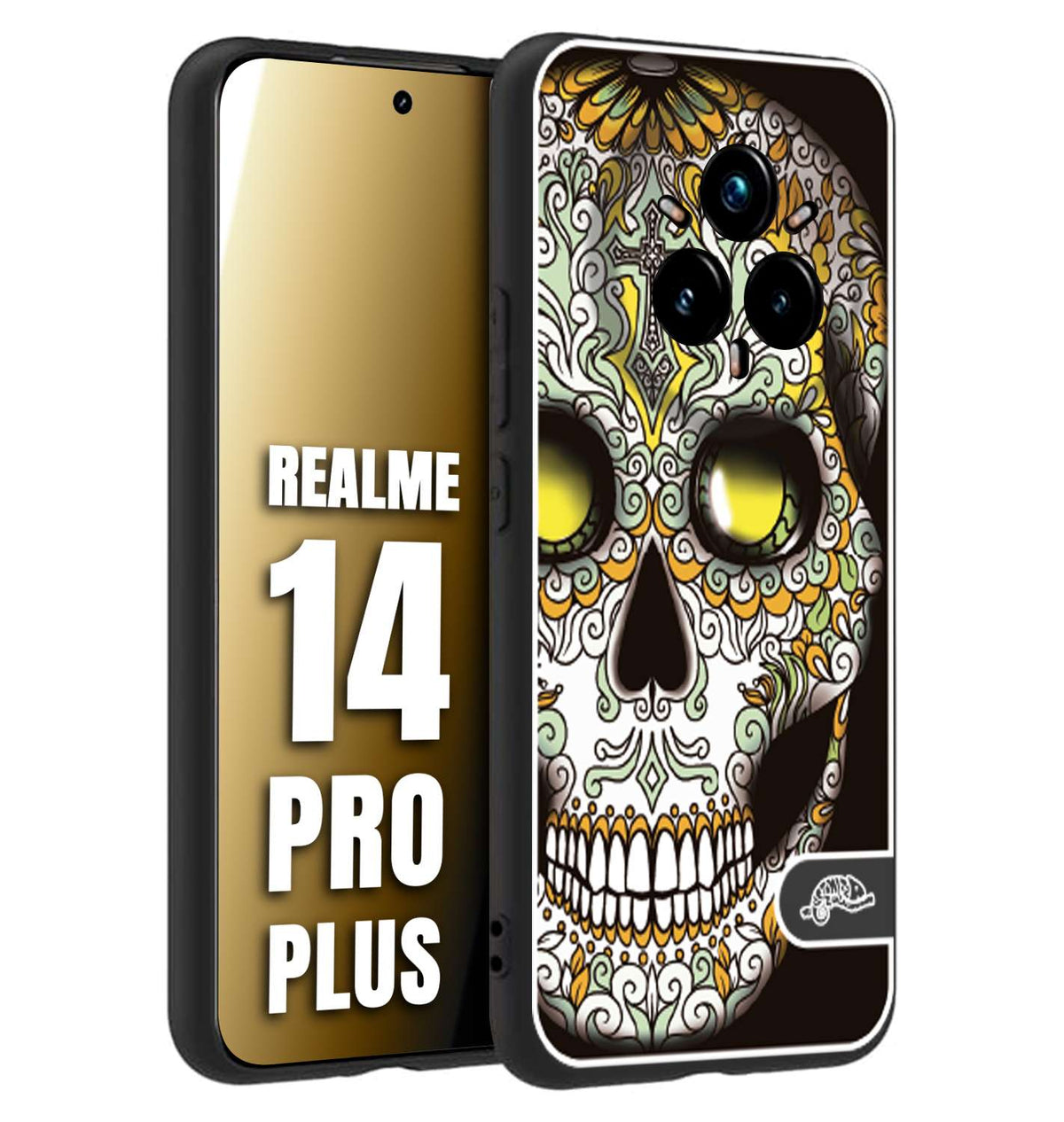 CUSTOMIZZA - Custodia cover nera morbida in tpu compatibile per Realme 14 PRO PLUS teschio messicano Mexican skull bianco verde giallo
