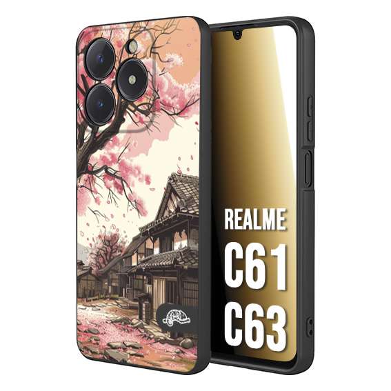 CUSTOMIZZA - Custodia cover nera morbida in tpu compatibile per Realme C61 - C63 casa giapponese rosa ciliegio in fiore disegnata tattoo