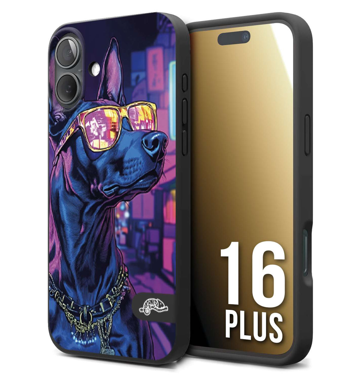 CUSTOMIZZA - Custodia cover nera morbida in tpu compatibile per iPhone 16 PLUS animali cyberpunk dobermann cane street dog fucsia blu night