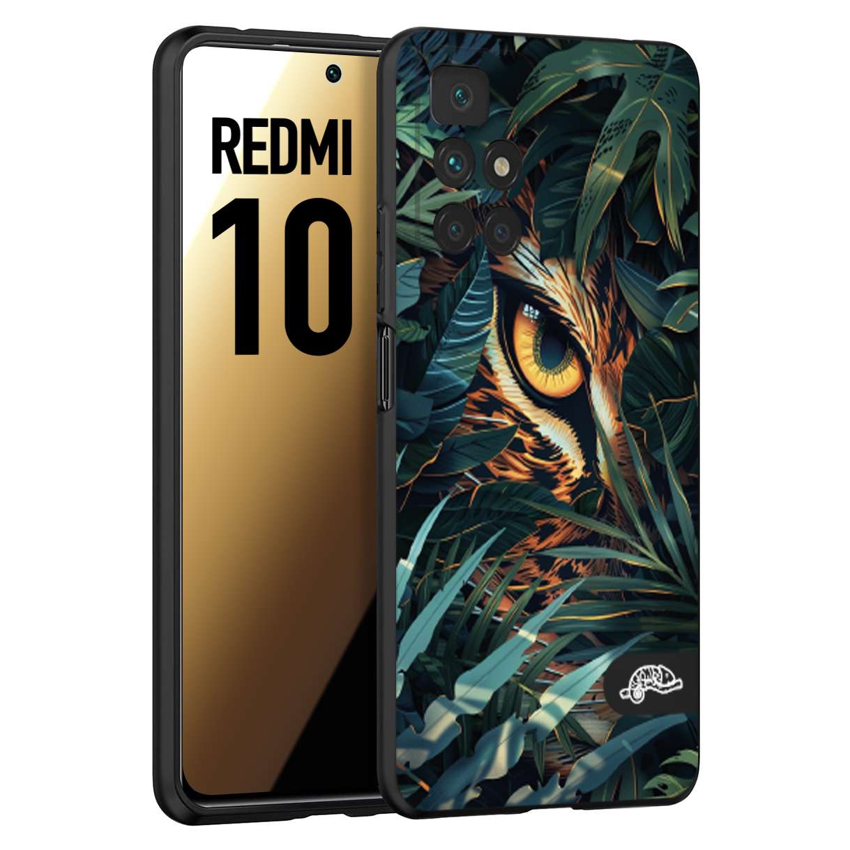 CUSTOMIZZA - Custodia cover nera morbida in tpu compatibile per Xiaomi Redmi 10 animali color giungla tropicale occhio di giaguaro felino disegnato