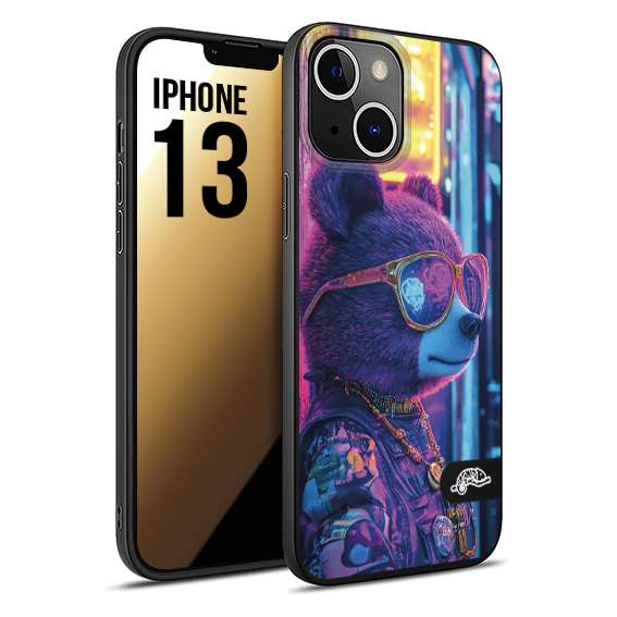 CUSTOMIZZA - Custodia cover nera morbida in tpu compatibile per iPhone 13 animali cyberpunk orsetto orso street bear fucsia blu night