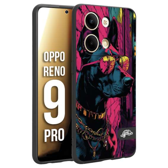 CUSTOMIZZA - Custodia cover nera morbida in tpu compatibile per Oppo Reno 9 PRO animali cyberpunk dobermann cane street dog fucsia blu