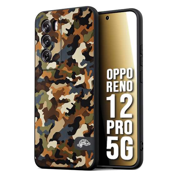 CUSTOMIZZA - Custodia cover nera morbida in tpu compatibile per Oppo Reno 12 PRO 5G camouflage mimetico militare moderno blu marrone beige