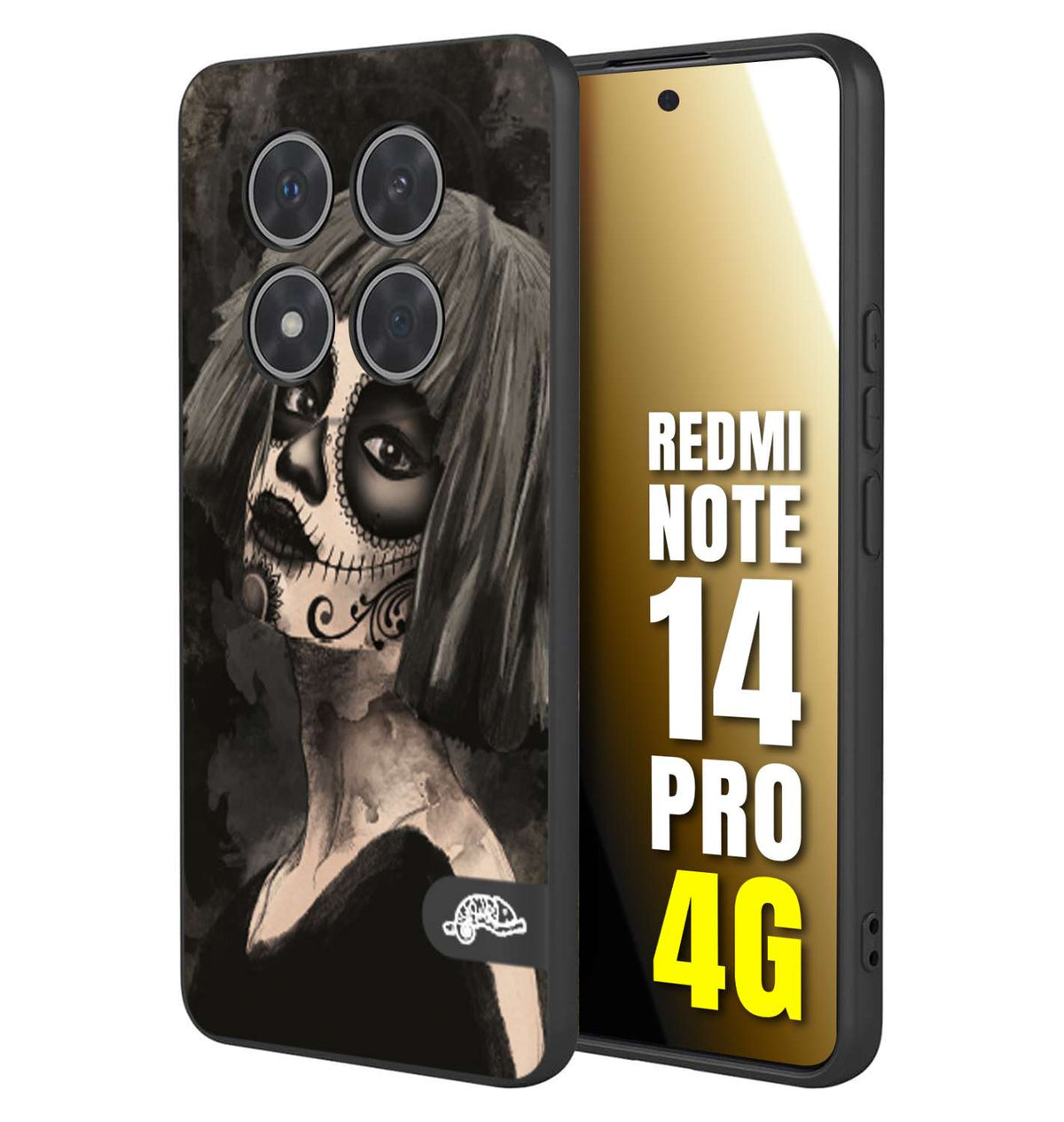 CUSTOMIZZA - Custodia cover nera morbida in tpu compatibile per Xiaomi Redmi Note 14 PRO 4G chicana messicana dea de la muerte donna santa tattoo disegnata