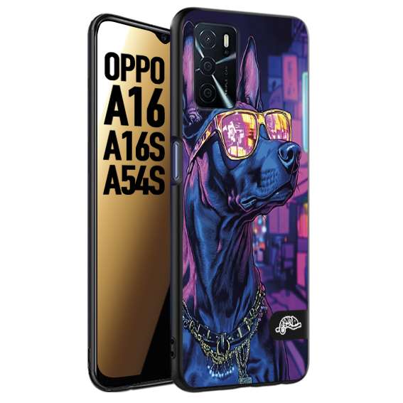 CUSTOMIZZA - Custodia cover nera morbida in tpu compatibile per Oppo A16 - A16S - A54S animali cyberpunk dobermann cane street dog fucsia blu night