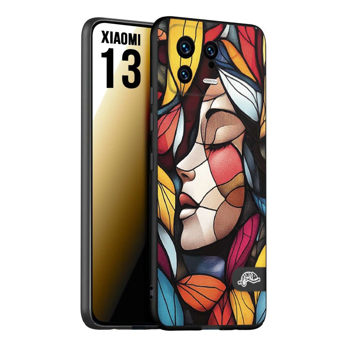 CUSTOMIZZA - Custodia cover nera morbida in tpu compatibile per Xiaomi 13 Vetrata artistica volto di donna profilo fogliare mosaico di vetro colorato