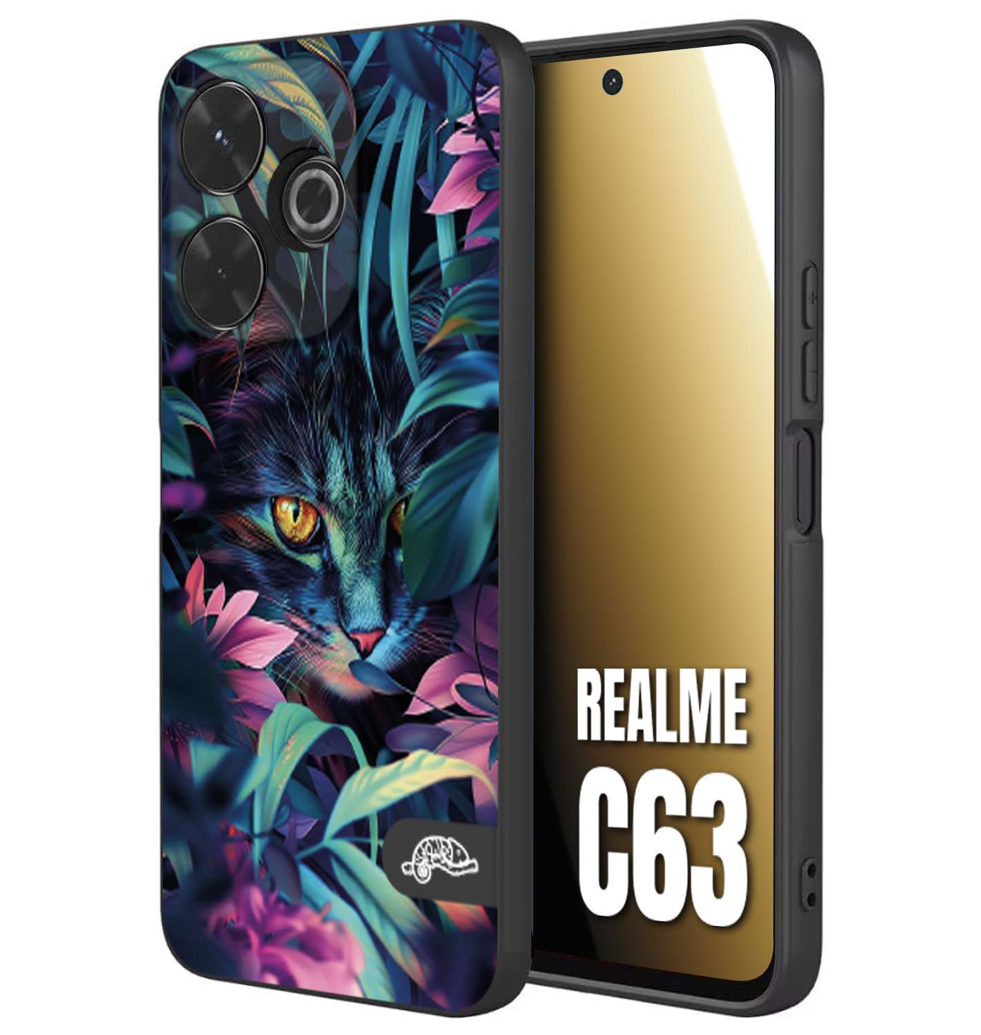 CUSTOMIZZA - Custodia cover nera morbida in tpu compatibile per Realme C63 animali color giungla tropicale occhio di gatto colori vibranti disegnato