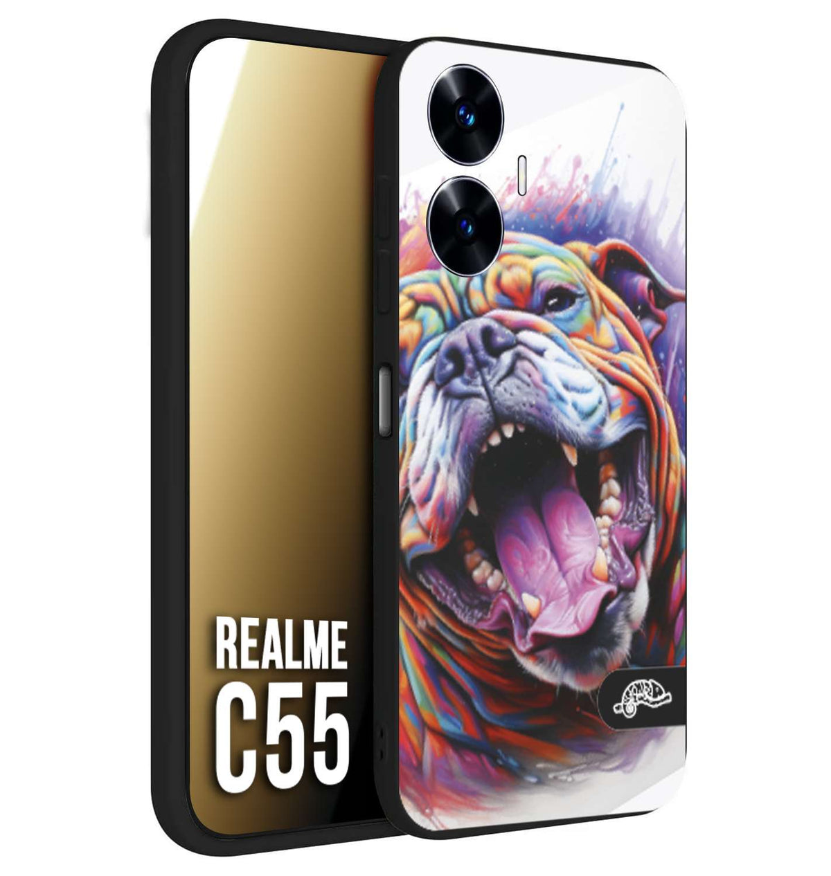 CUSTOMIZZA - Custodia cover nera morbida in tpu compatibile per Realme C55 animali color bulldog cane dog colori vibranti disegnato schizzo