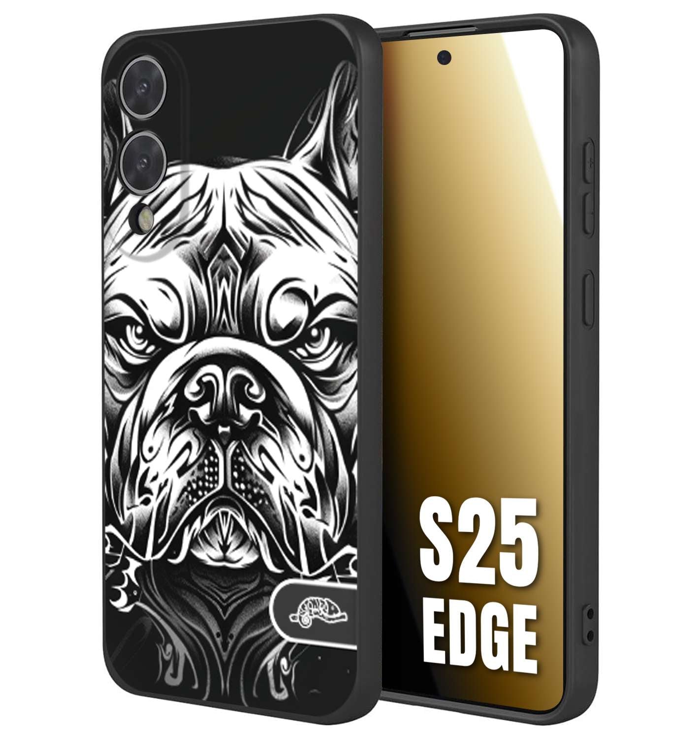 CUSTOMIZZA - Custodia cover nera morbida in tpu compatibile per Samsung S25 EDGE bulldog bianco a rilievo disegnato tattoo tatuaggio