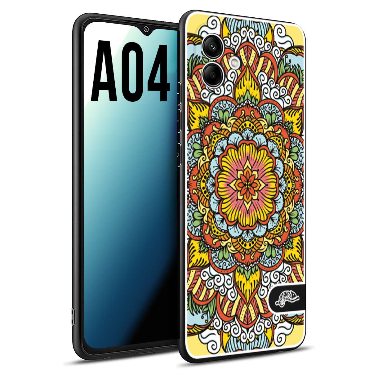CUSTOMIZZA - Custodia cover nera morbida in tpu compatibile per Samsung A04 mandala colorato fiore nuvole arancione