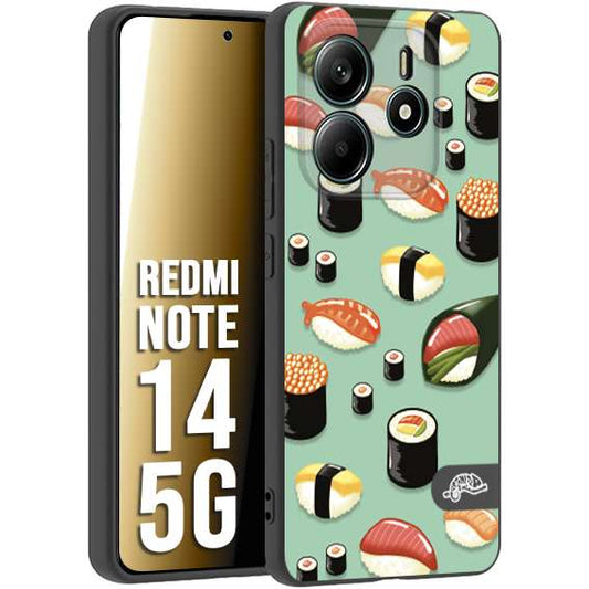CUSTOMIZZA - Custodia cover nera morbida in tpu compatibile per Xiaomi Redmi Note 14 5G sushi disegni giapponese nighiri acquamarina verde