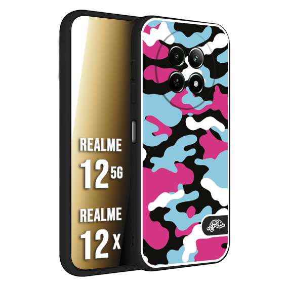 CUSTOMIZZA - Custodia cover nera morbida in tpu compatibile per Realme 12 5G - 12X camouflage mimetico militare fucsia celeste