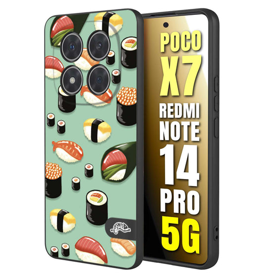 CUSTOMIZZA - Custodia cover nera morbida in tpu compatibile per Xiaomi Redmi Note 14 PRO 5G sushi disegni giapponese nighiri acquamarina verde