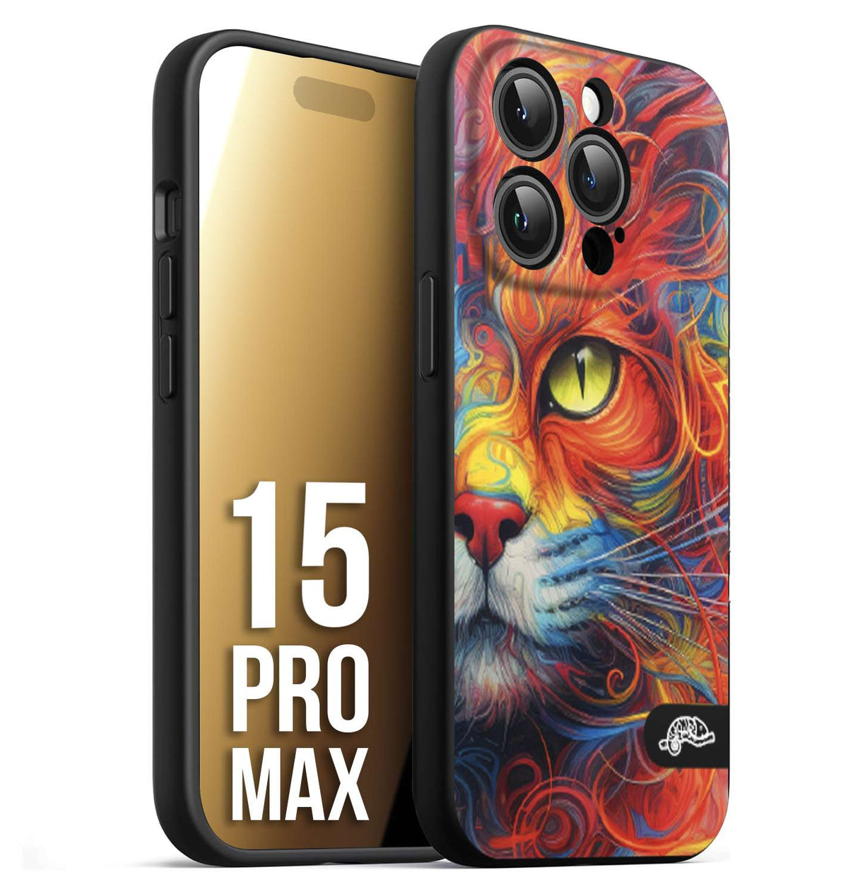 CUSTOMIZZA - Custodia cover nera morbida in tpu compatibile per iPhone 15 PRO MAX animali color cat gatto viso colori vibranti disegnato schizzo