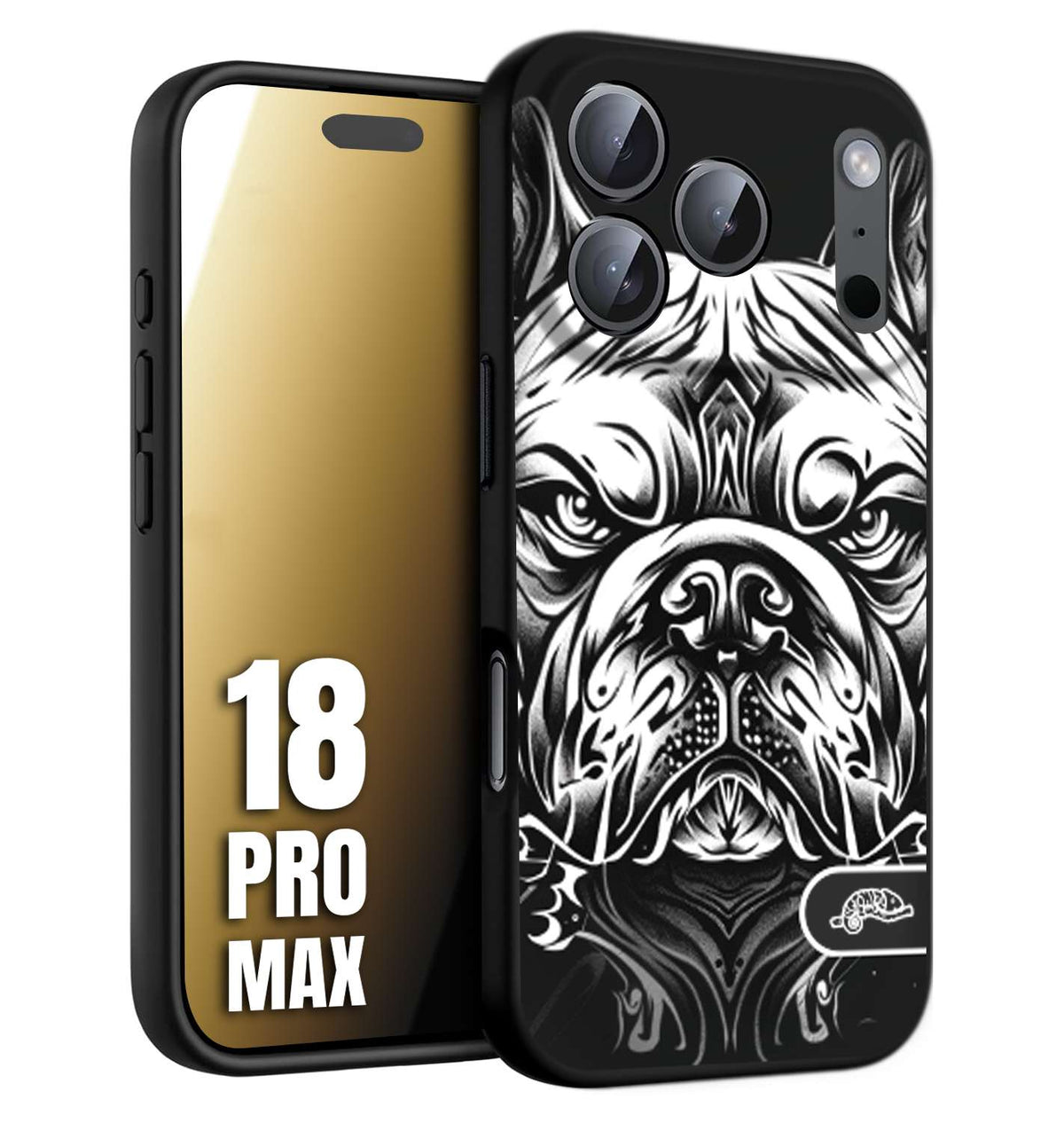 CUSTOMIZZA - Custodia cover nera morbida in tpu compatibile per iPhone 18 PRO MAX bulldog bianco a rilievo disegnato tattoo tatuaggio