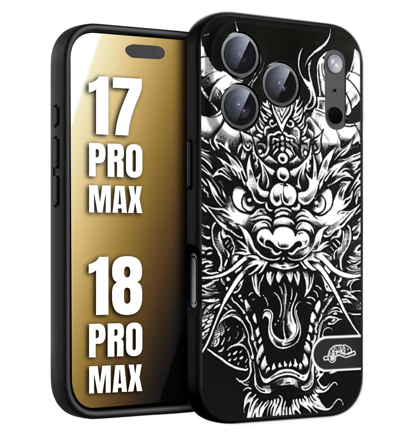 CUSTOMIZZA - Custodia cover nera morbida in tpu compatibile per iPhone 17 PRO MAX - 18 PRO MAX drago black and white bianco a rilievo disegnato tattoo tatuaggio