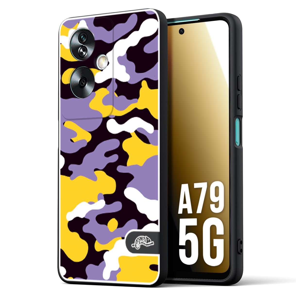 CUSTOMIZZA - Custodia cover nera morbida in tpu compatibile per Oppo A79 5G camouflage mimetico militare viola lilla giallo