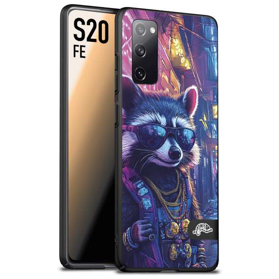 CUSTOMIZZA - Custodia cover nera morbida in tpu compatibile per Samsung S20 FE animali simpatici cyberpunk procione racoon street cat fucsia blu giallo