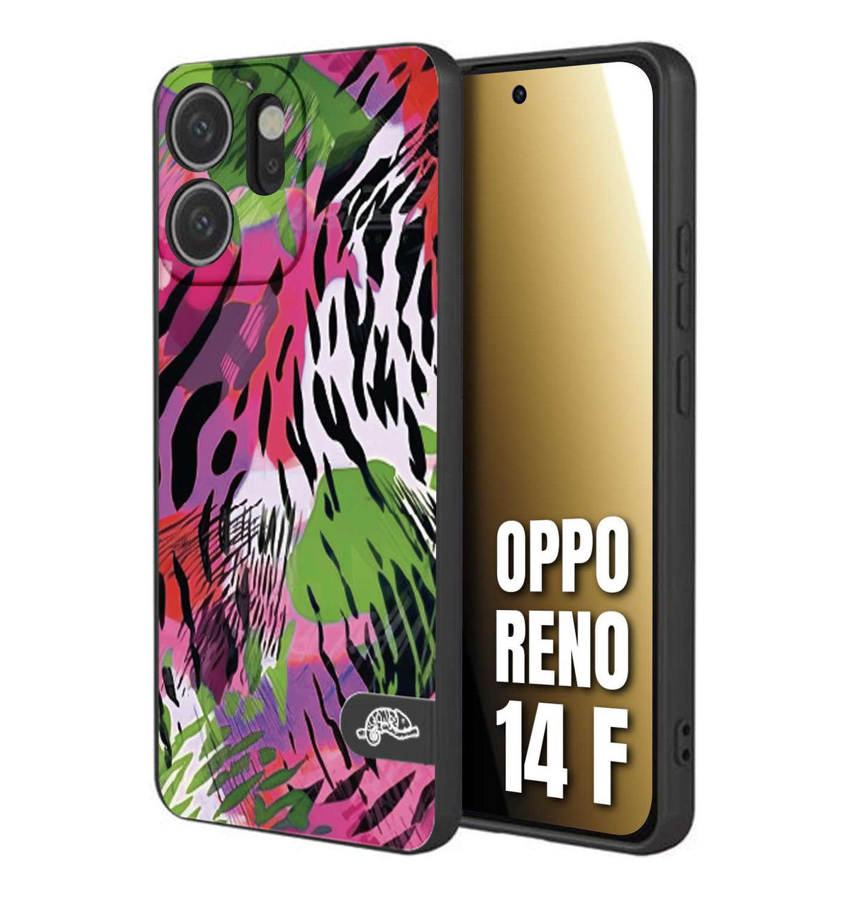 CUSTOMIZZA - Custodia cover nera morbida in tpu compatibile per Oppo Reno 14 F leopardato tigrato tiger colorata summer color verde fucsia