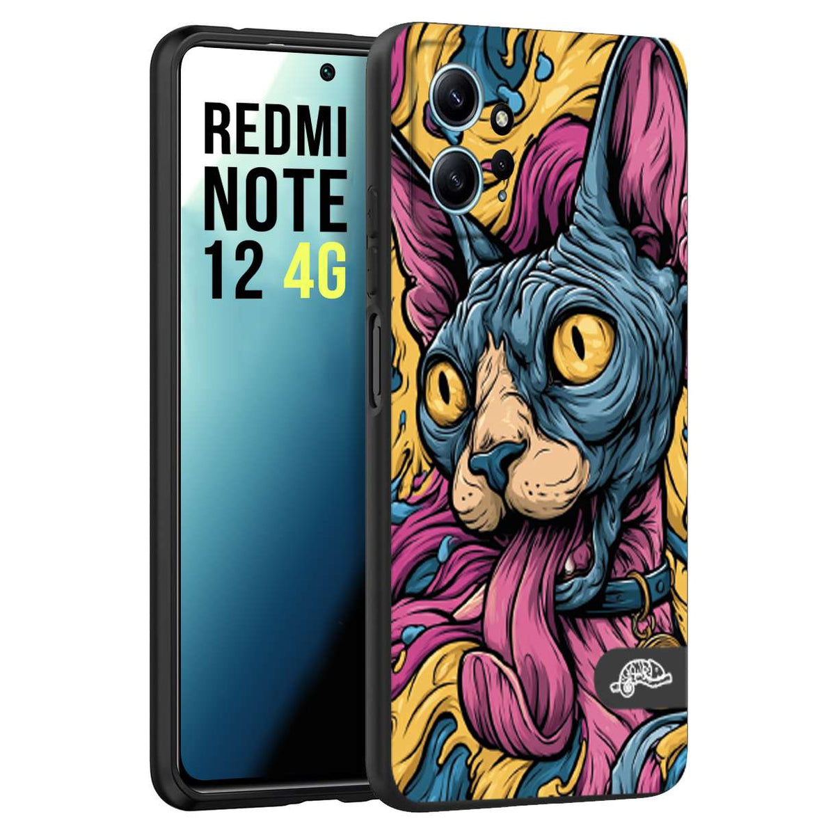 CUSTOMIZZA - Custodia cover nera morbida in tpu compatibile per Xiaomi Redmi Note 12 4G Sphynx Colorato Pop Art Psichedelico Gatto Blu Rosa Giallo Artistica Fantasy