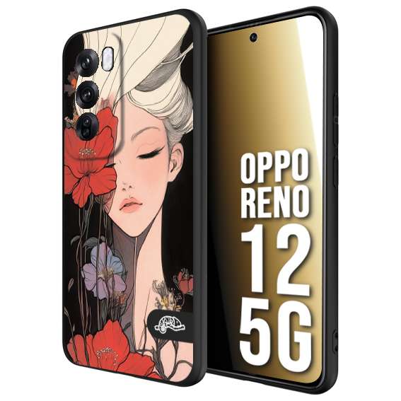 CUSTOMIZZA - Custodia cover nera morbida in tpu compatibile per Oppo Reno 12 5G woman flower Fantasia Floreale Design Donna e Fiori, Retro Artistico