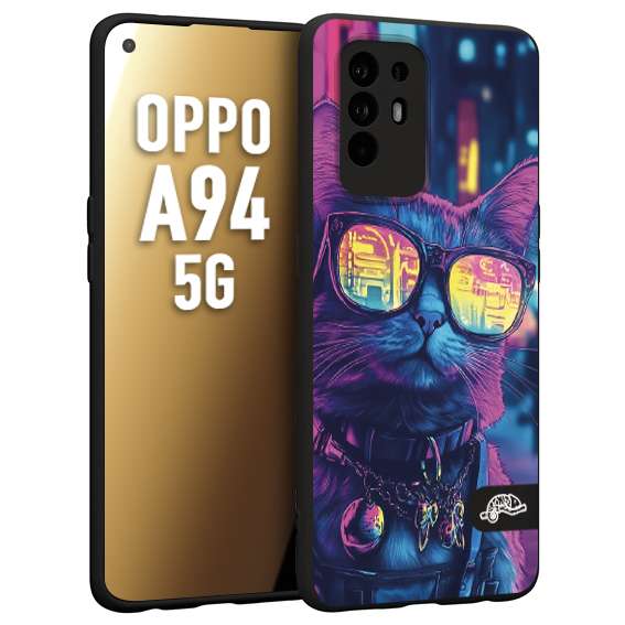 CUSTOMIZZA - Custodia cover nera morbida in tpu compatibile per Oppo A94 5G animali cyberpunk gatto street cat fucsia blu giallo