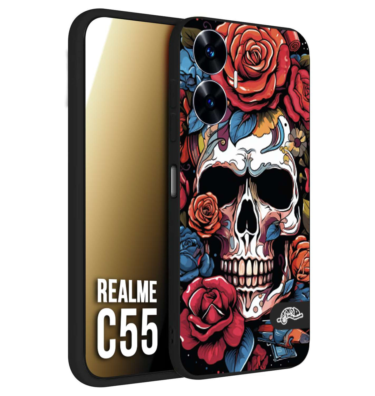 CUSTOMIZZA - Custodia cover nera morbida in tpu compatibile per Realme C55 teschio skull flowers fiori rose rosse tattoo disegnato